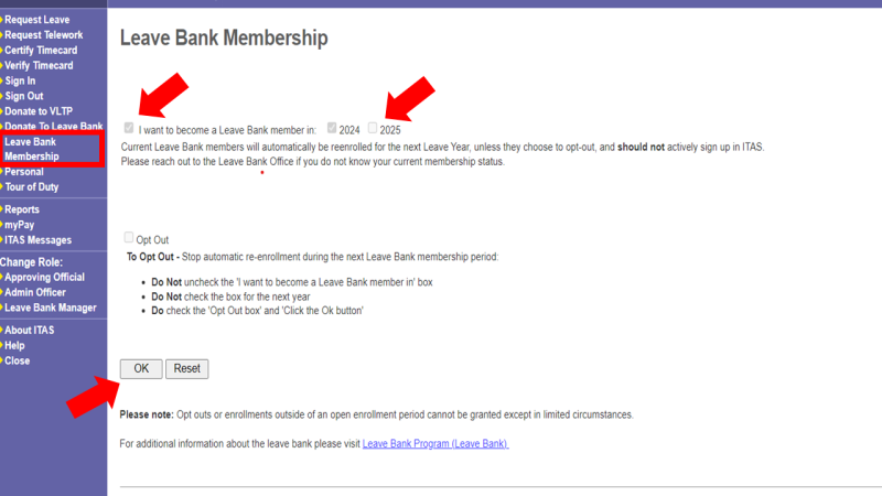 Sample image displaying how to join the NIH Leave Bank in ITAS